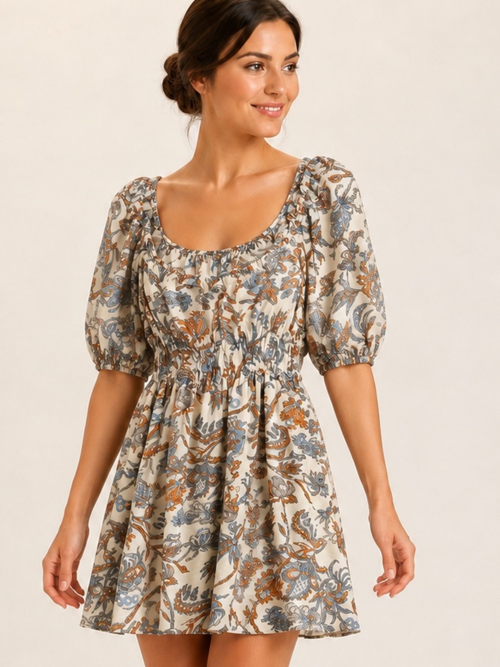 HOUSE OF HARLOW 1960 Tan & Blue Print Dress L